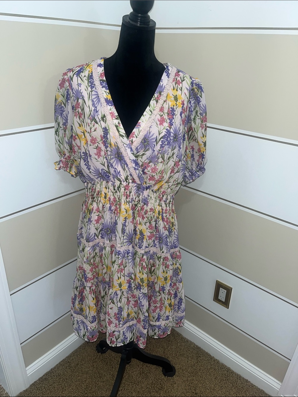 Taylor Floral Wrap-Style Mini Dress in Lavender and Cream